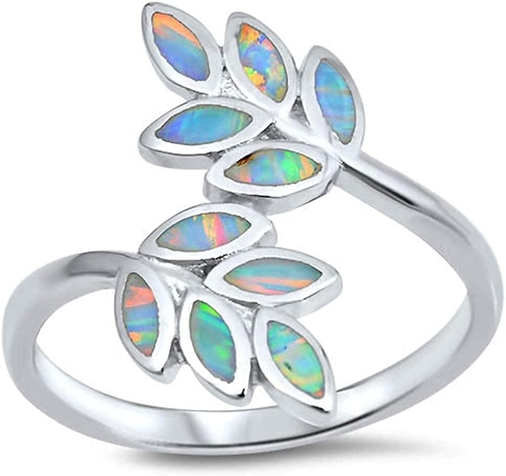 CHOOSE YOUR COLOR Sterling Silver Leaf Ring White (Simulated Opal) / 7