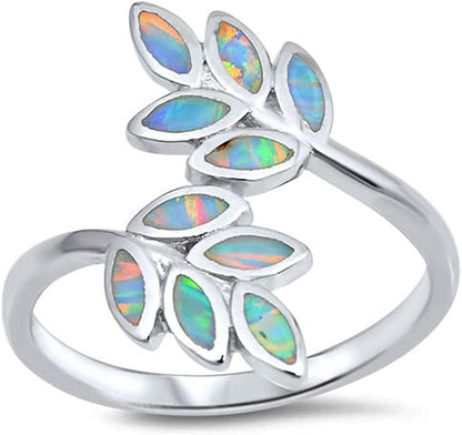 CHOOSE YOUR COLOR Sterling Silver Leaf Ring White (Simulated Opal) / 7