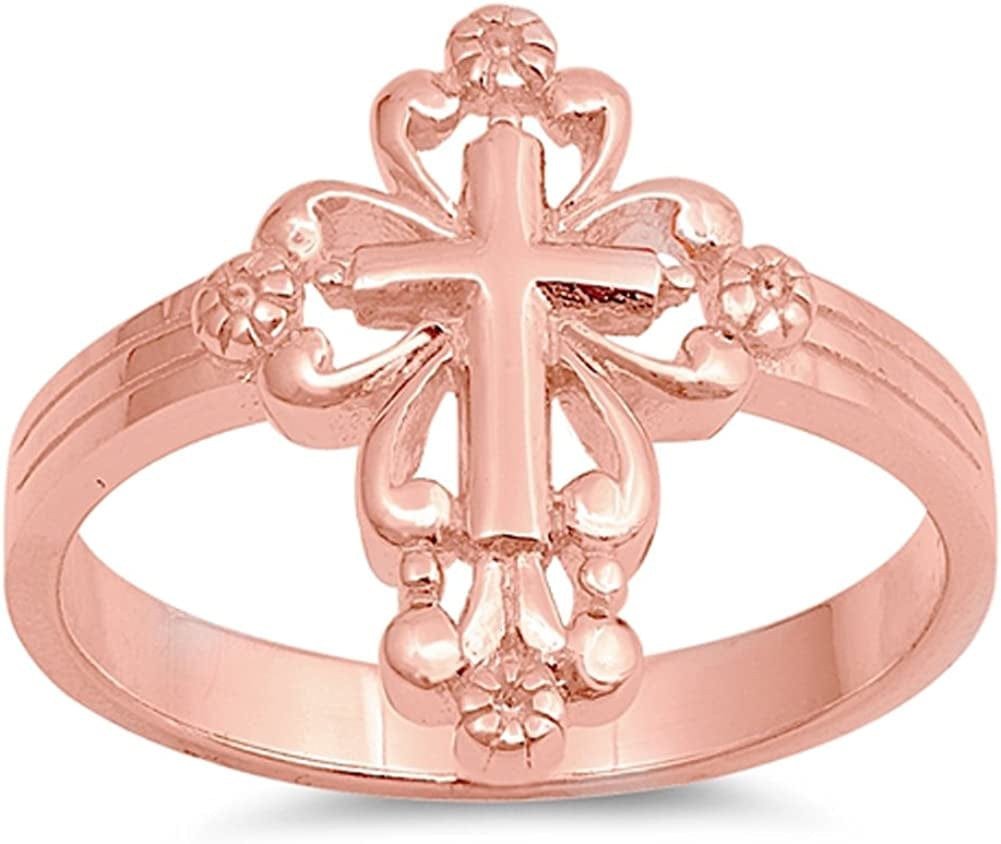 CHOOSE YOUR COLOR Sterling Silver Victorian Style Cross Ring Rose Gold-Tone / 9
