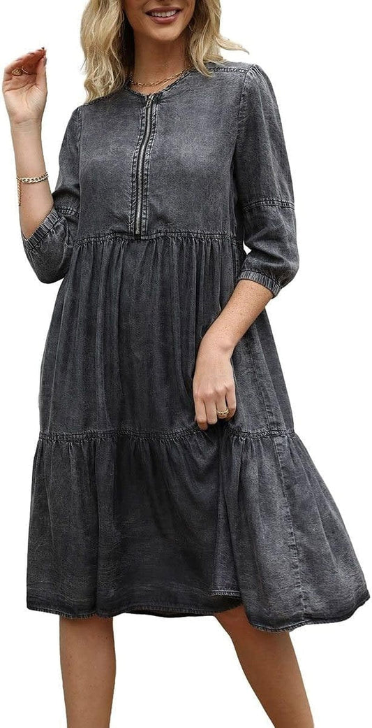 Chouyatou Women'S Vintage Washed Loose Fit 3/4 Sleeve Tiered Babydoll Mini Denim Jean Dress