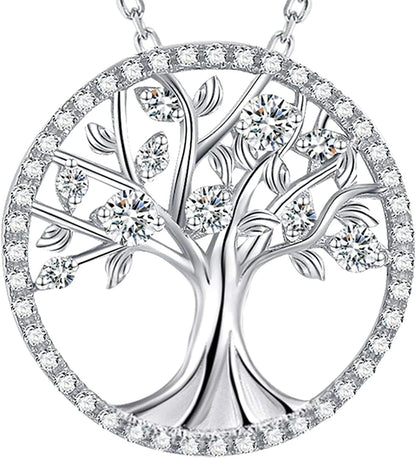 Christmas Birthday Gifts Tree of Life Necklace January Birthstone Garnet Necklace Women Mom Wife Emerald Peridot Blue Topaz Valentines Jewelry Gifts Her Sterling Silver D April Birthstone Simulated Diamond Necklace