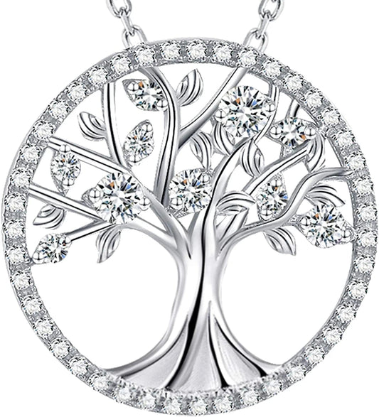Christmas Birthday Gifts Tree of Life Necklace January Birthstone Garnet Necklace Women Mom Wife Emerald Peridot Blue Topaz Valentines Jewelry Gifts Her Sterling Silver D April Birthstone Simulated Diamond Necklace