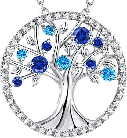 Christmas Birthday Gifts Tree of Life Necklace January Birthstone Garnet Necklace Women Mom Wife Emerald Peridot Blue Topaz Valentines Jewelry Gifts Her Sterling Silver B December Birthstone Blue Topaz Necklace