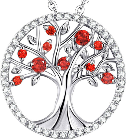 Christmas Birthday Gifts Tree of Life Necklace January Birthstone Garnet Necklace Women Mom Wife Emerald Peridot Blue Topaz Valentines Jewelry Gifts Her Sterling Silver A January Birthstone Garnet Necklace