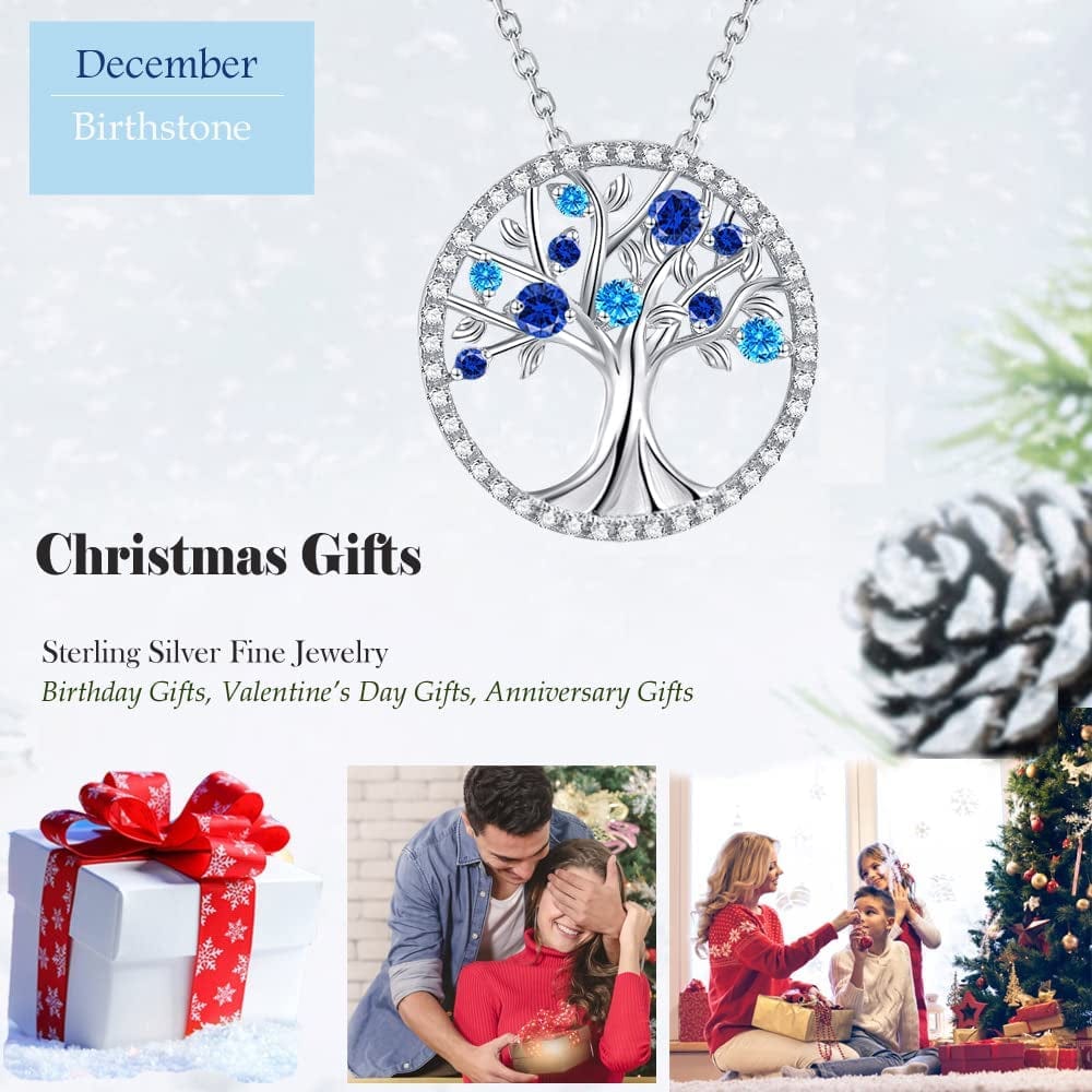 Christmas Birthday Gifts Tree of Life Necklace January Birthstone Garnet Necklace Women Mom Wife Emerald Peridot Blue Topaz Valentines Jewelry Gifts Her Sterling Silver