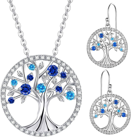 Christmas Birthday Gifts Tree of Life Necklace January Birthstone Garnet Necklace Women Mom Wife Emerald Peridot Blue Topaz Valentines Jewelry Gifts Her Sterling Silver C December Birthstone Blue Topaz Jewelry Set