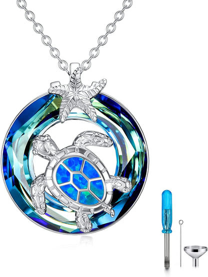 Christmas Gifts for Women Sea Turtle Tortoise Necklaces Sterling Silver Sea Crystal Pendant Necklaces Ocean Jewellery for Women Wife Gifts Blue- Urn Necklace