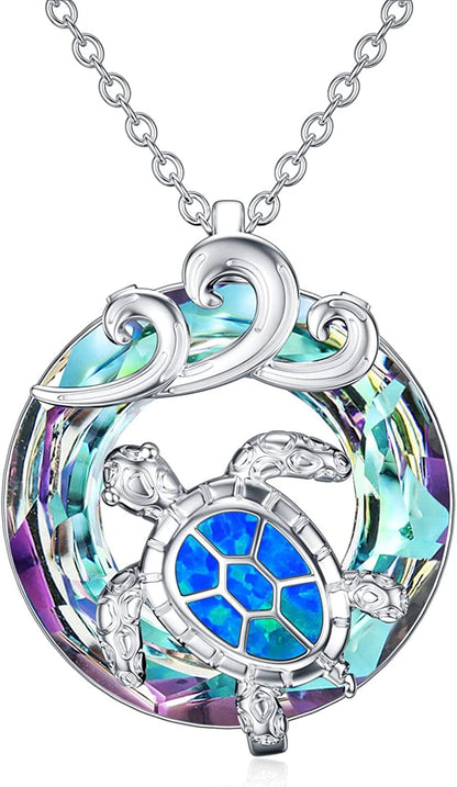 Christmas Gifts for Women Sea Turtle Tortoise Necklaces Sterling Silver Sea Crystal Pendant Necklaces Ocean Jewellery for Women Wife Gifts Purple-wave