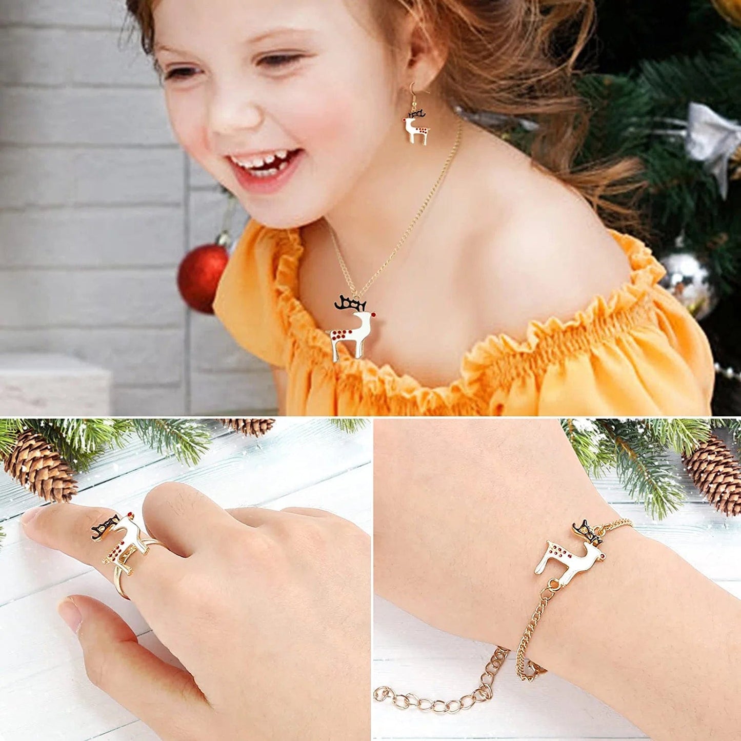 Christmas Jewelry Set for Women Girl Xmas Holiday Christmas Gift - Includes Necklace Bracelet Earring Ring, Gold