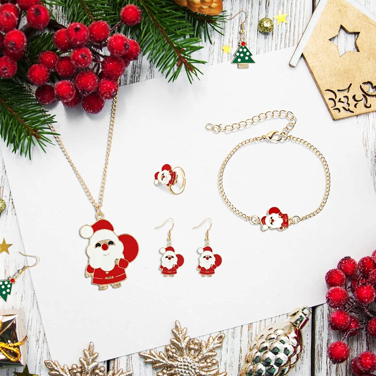 Christmas Jewelry Set for Women Girl Xmas Holiday Christmas Gift - Includes Necklace Bracelet Earring Ring, Gold