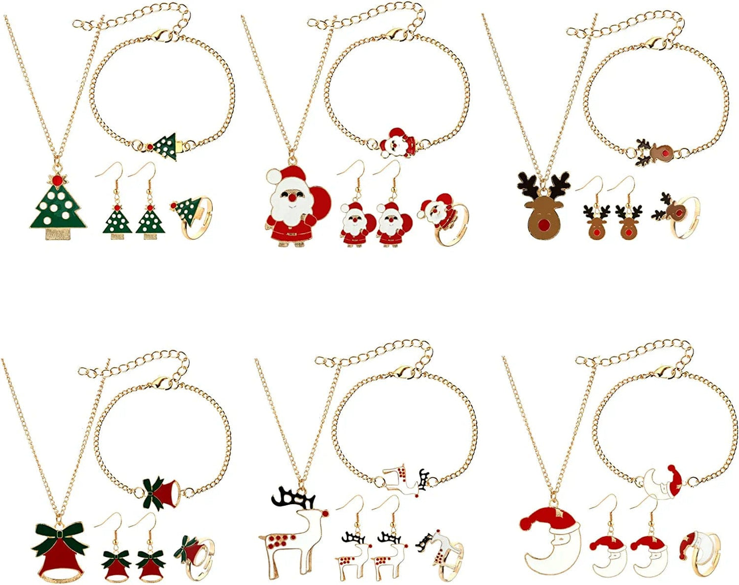 Christmas Jewelry Set for Women Girl Xmas Holiday Christmas Gift - Includes Necklace Bracelet Earring Ring, Gold