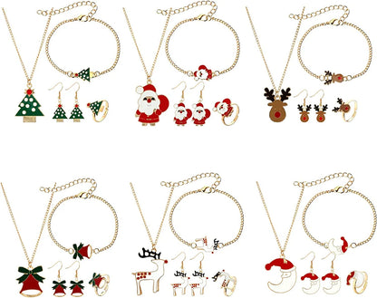 Christmas Jewelry Set for Women Girl Xmas Holiday Christmas Gift - Includes Necklace Bracelet Earring Ring, Gold