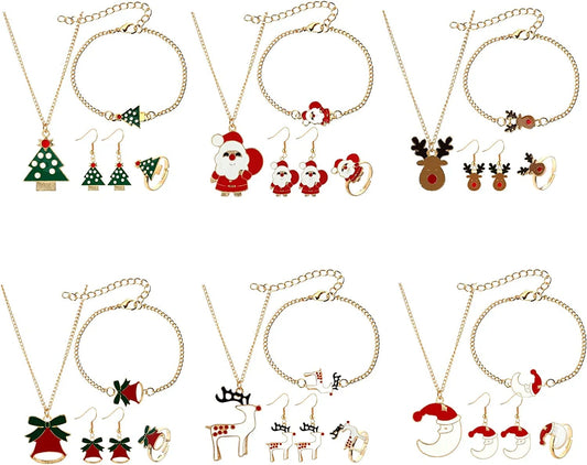Christmas Jewelry Set for Women Girl Xmas Holiday Christmas Gift - Includes Necklace Bracelet Earring Ring, Gold