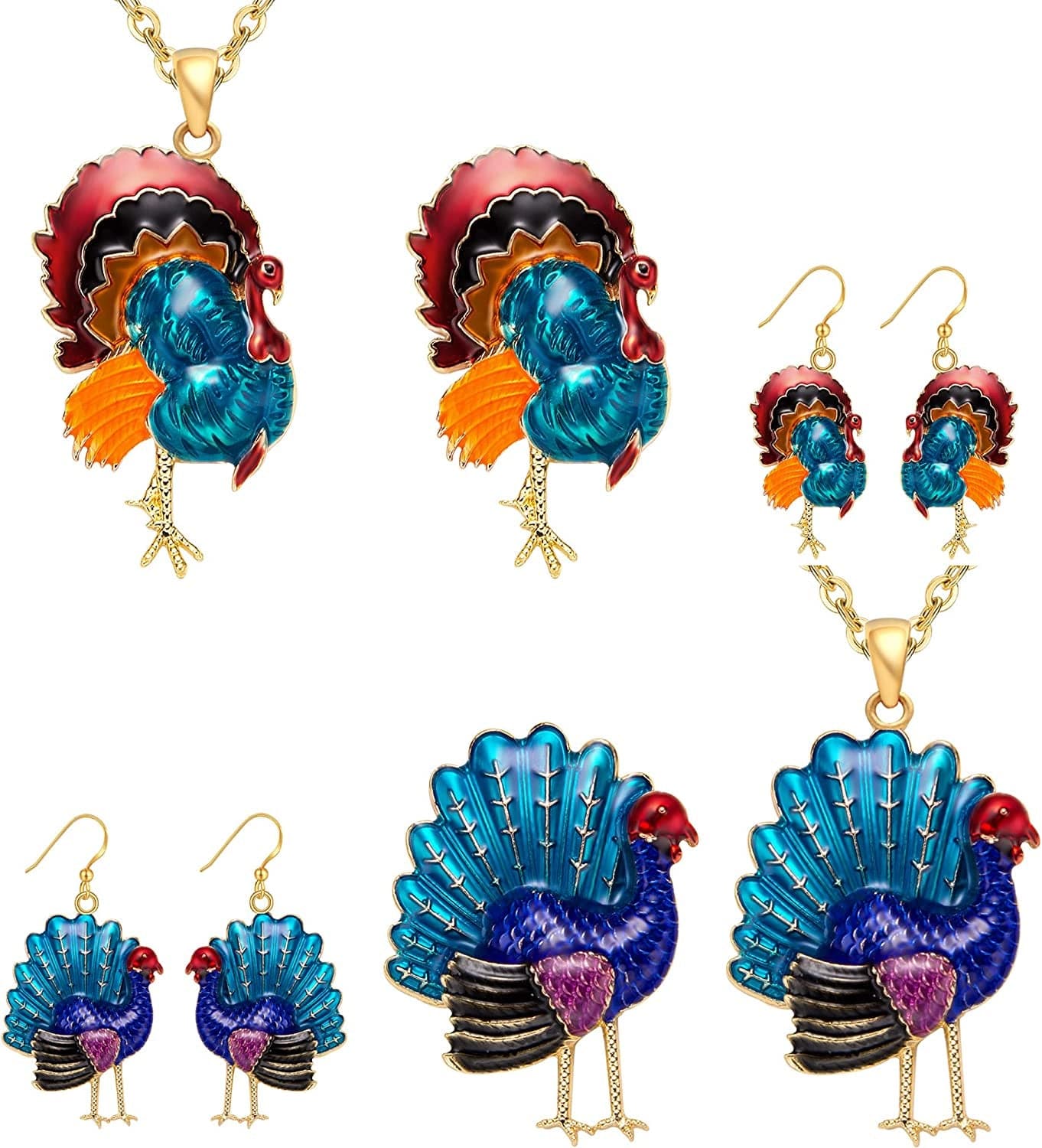 Christmas Jewelry Sets for Women Girls, Glitter Rhinestone Enameled Thanksgiving Xmas Holiday Jewelry Pendant Necklace Brooches Pins Dangle Earrings Set 6 Pack Gold-plated necklace Brooches earrings E