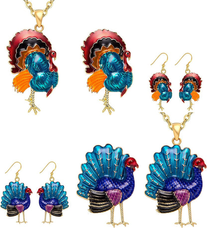 Christmas Jewelry Sets for Women Girls, Glitter Rhinestone Enameled Thanksgiving Xmas Holiday Jewelry Pendant Necklace Brooches Pins Dangle Earrings Set 6 Pack Gold-plated necklace Brooches earrings E