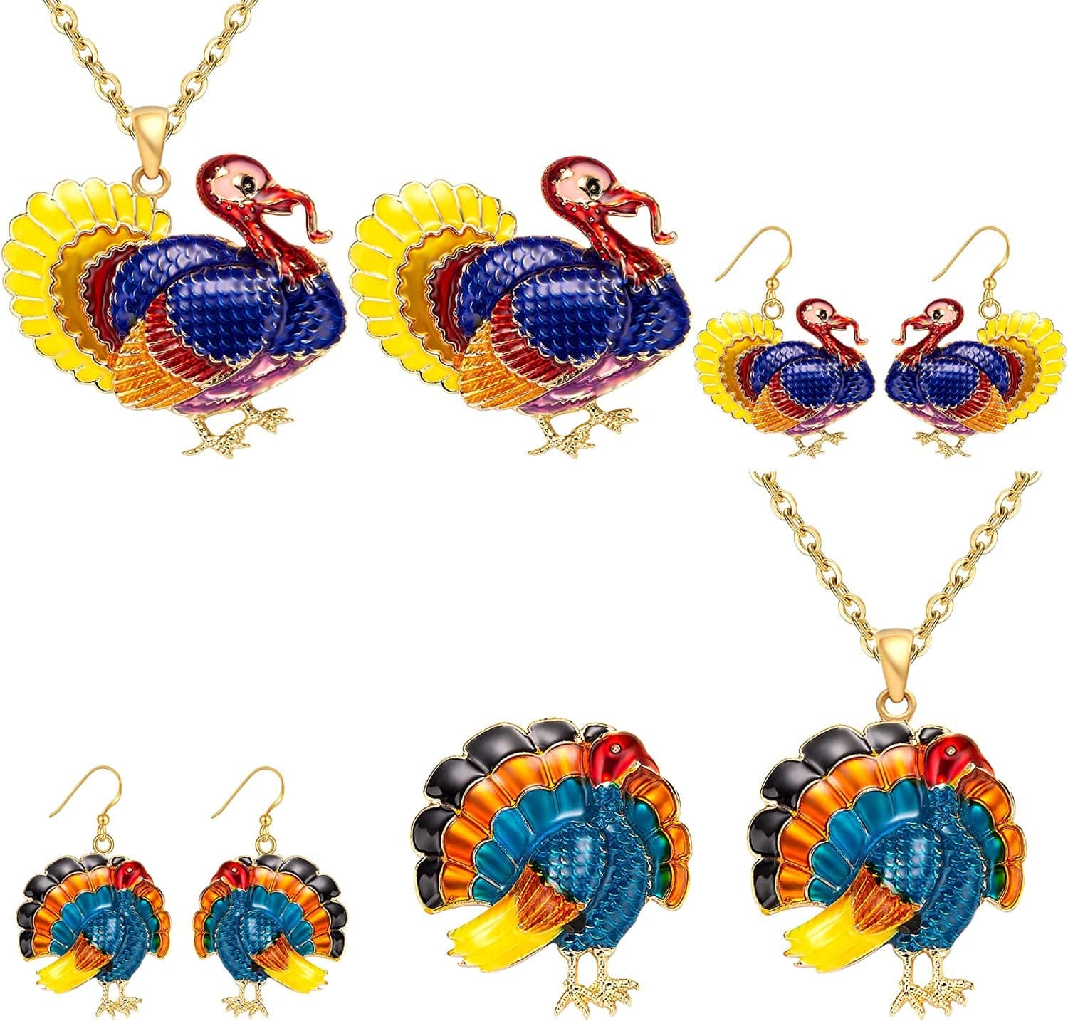 Christmas Jewelry Sets for Women Girls, Glitter Rhinestone Enameled Thanksgiving Xmas Holiday Jewelry Pendant Necklace Brooches Pins Dangle Earrings Set 6 Pack Gold-plated necklace Brooches earrings D