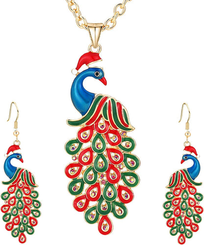 Christmas Jewelry Sets for Women Girls, Glitter Rhinestone Enameled Thanksgiving Xmas Holiday Jewelry Pendant Necklace Brooches Pins Dangle Earrings Set Gold Plated M