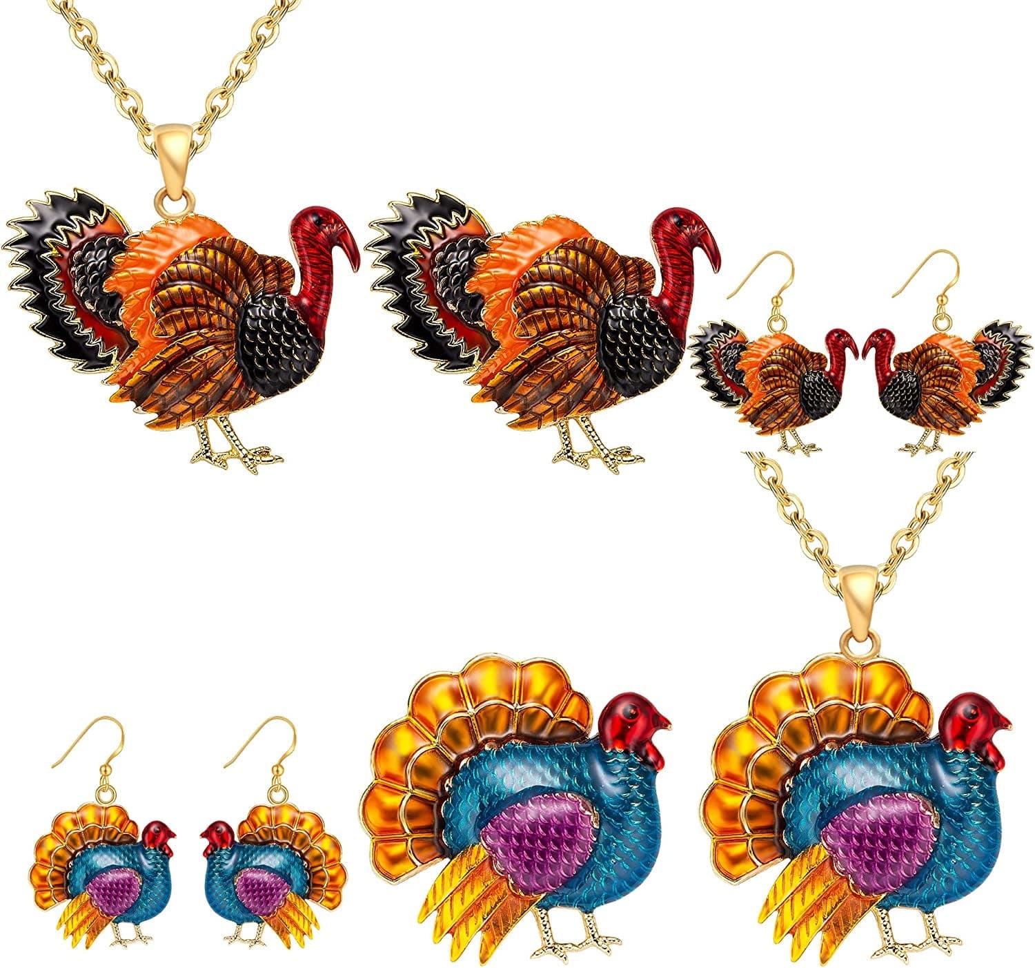 Christmas Jewelry Sets for Women Girls, Glitter Rhinestone Enameled Thanksgiving Xmas Holiday Jewelry Pendant Necklace Brooches Pins Dangle Earrings Set 6 Pack Gold-plated necklace Brooches earrings A