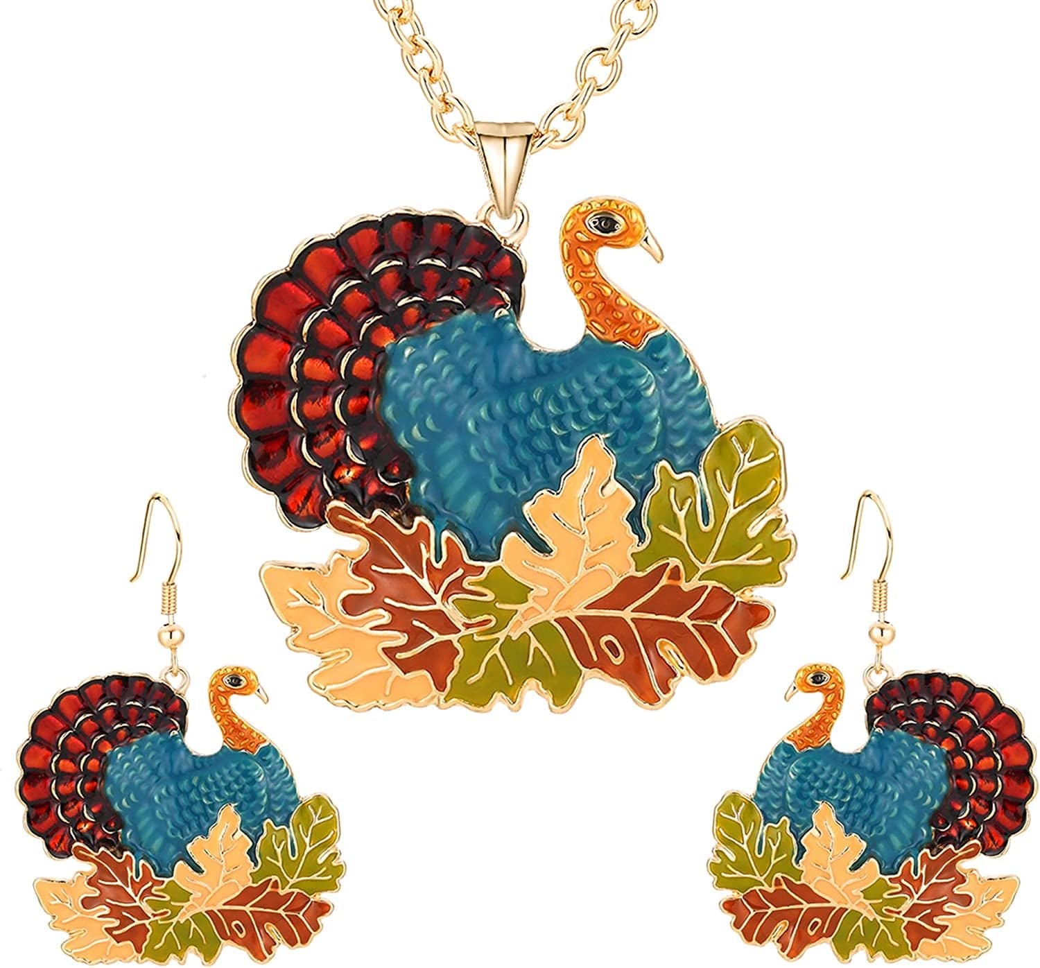 Christmas Jewelry Sets for Women Girls, Glitter Rhinestone Enameled Thanksgiving Xmas Holiday Jewelry Pendant Necklace Brooches Pins Dangle Earrings Set Gold Plated C