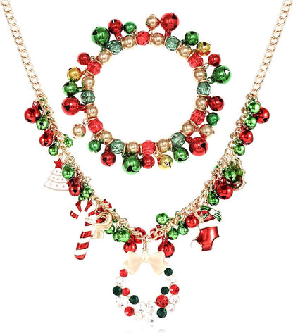 Christmas Jingle Bell Necklace Set X-Mas Crystal Pendant Necklace Bell Beaded Earrings Festival Holiday Jewelry Set for Women Girls Kids Red & Green