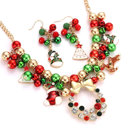 Christmas Jingle Bell Necklace Set X-Mas Crystal Pendant Necklace Bell Beaded Earrings Festival Holiday Jewelry Set for Women Girls Kids