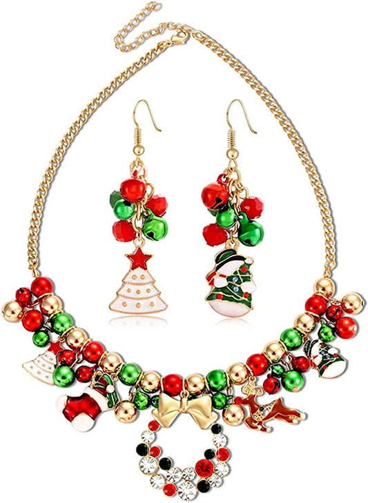 Christmas Jingle Bell Necklace Set X-Mas Crystal Pendant Necklace Bell Beaded Earrings Festival Holiday Jewelry Set for Women Girls Kids gold