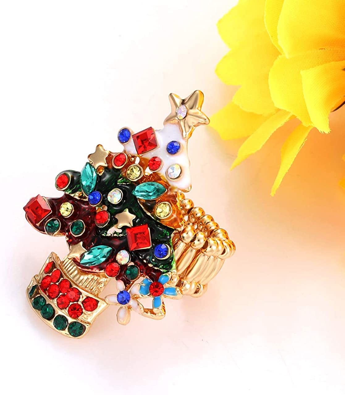 Christmas Ring Handmade Xmas Tree Santa Claus Berry Fern Mistletoe Elastic Stretch Rings Holiday Rhinestone Ring Jewelry