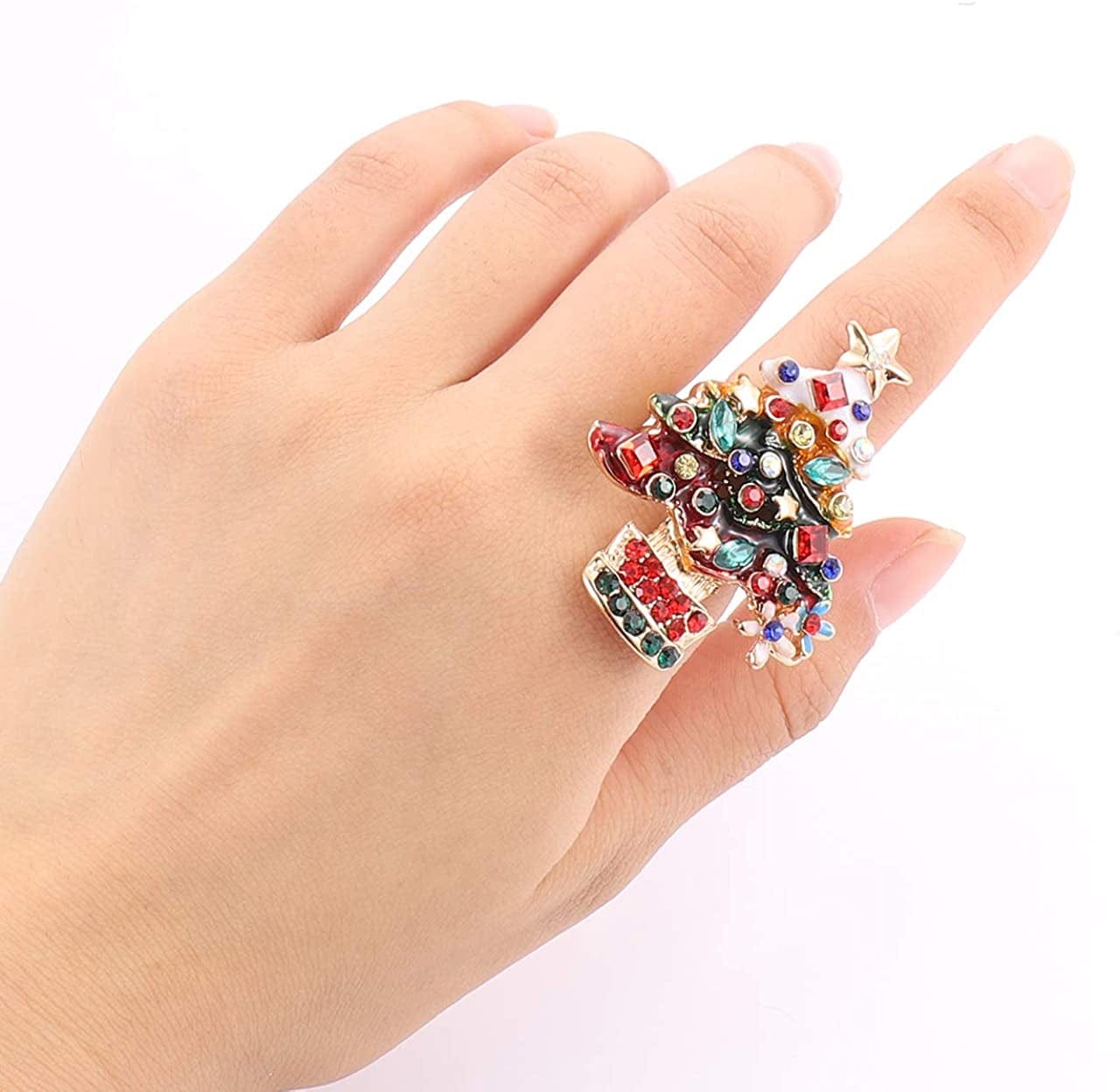 Christmas Ring Handmade Xmas Tree Santa Claus Berry Fern Mistletoe Elastic Stretch Rings Holiday Rhinestone Ring Jewelry