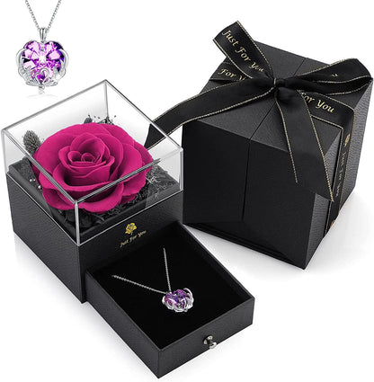 Christmas Rose Gifts for Women - Forever Red Real Rose Gift with Blue Crystal Necklace Birthday Gifts Ideas for Mom Girlfriend Wife Gifts Ideas for Anniversary Valentines O Rose-red Rose With Purple Swan Love Necklace