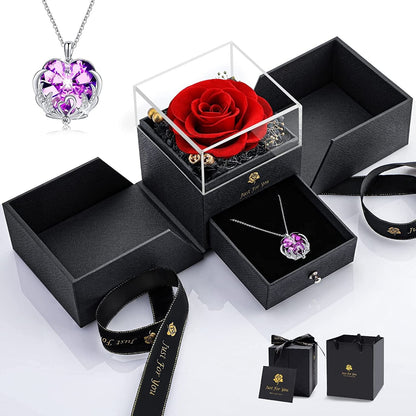 Christmas Rose Gifts for Women - Forever Red Real Rose Gift with Blue Crystal Necklace Birthday Gifts Ideas for Mom Girlfriend Wife Gifts Ideas for Anniversary Valentines A Red Rose With Purple Swan Love Necklace