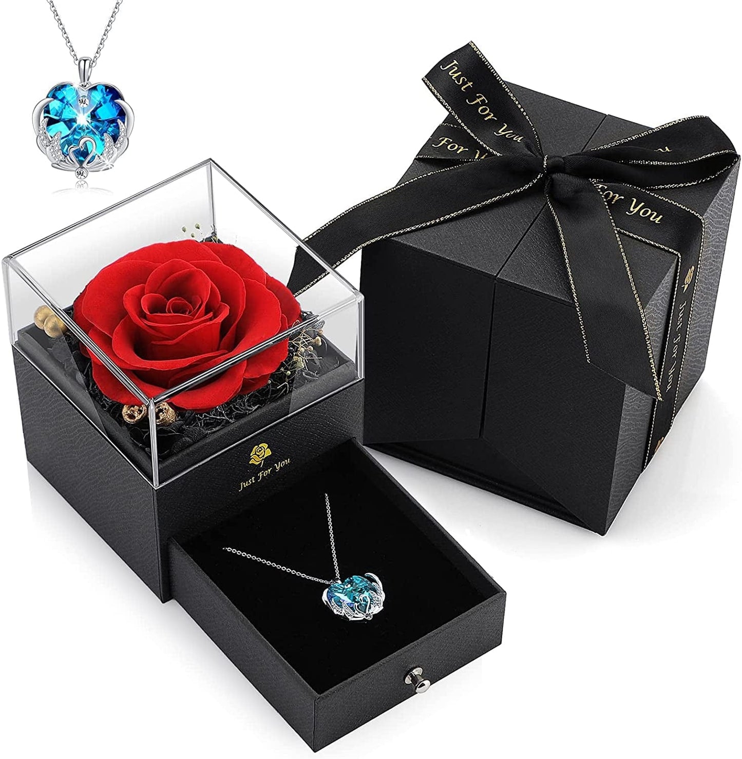 Christmas Rose Gifts for Women - Forever Red Real Rose Gift with Blue Crystal Necklace Birthday Gifts Ideas for Mom Girlfriend Wife Gifts Ideas for Anniversary Valentines N Red Rose With Blue Swan Love Necklace
