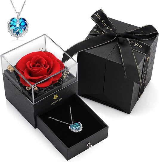 Christmas Rose Gifts for Women - Forever Red Real Rose Gift with Blue Crystal Necklace Birthday Gifts Ideas for Mom Girlfriend Wife Gifts Ideas for Anniversary Valentines N Red Rose With Blue Swan Love Necklace