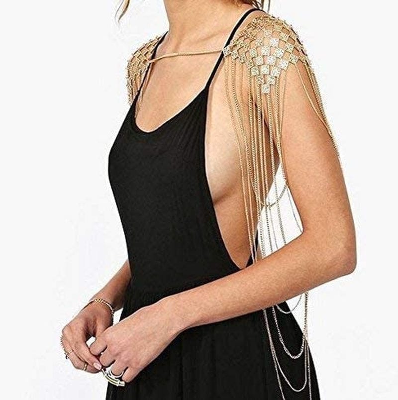 Chrontier Harness Body Chain Link Epaulet Shoulder Chain Necklace Collar Dangling Tassels for Bridal Women Prom Party Wedding Dress Accessory Silver Tone Apparel & Accessories > Jewelry > Body Jewelry Chrontier   