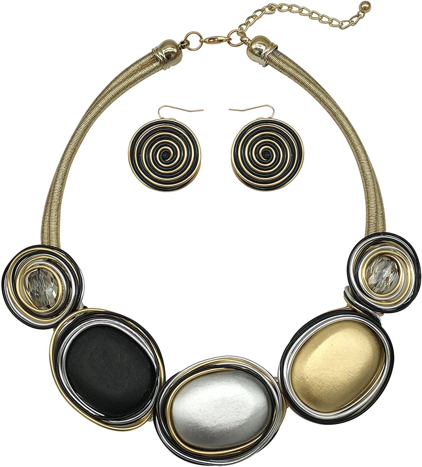 Chunky African Jewelry Statement Necklace for Women Tribal Fashion Costume Earring Set Unique Rhinestone Crystal Gold Wire Wrapped Big Wood Pendent Collar Choker Bib Handmade 06