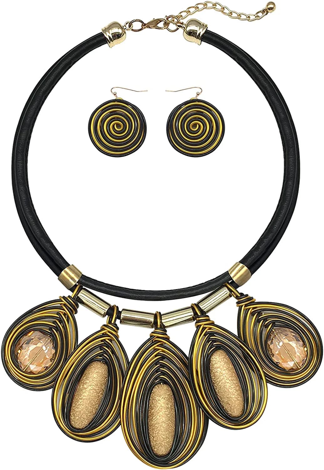Chunky African Jewelry Statement Necklace for Women Tribal Fashion Costume Earring Set Unique Rhinestone Crystal Gold Wire Wrapped Big Wood Pendent Collar Choker Bib Handmade gold