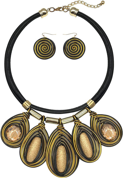 Chunky African Jewelry Statement Necklace for Women Tribal Fashion Costume Earring Set Unique Rhinestone Crystal Gold Wire Wrapped Big Wood Pendent Collar Choker Bib Handmade gold