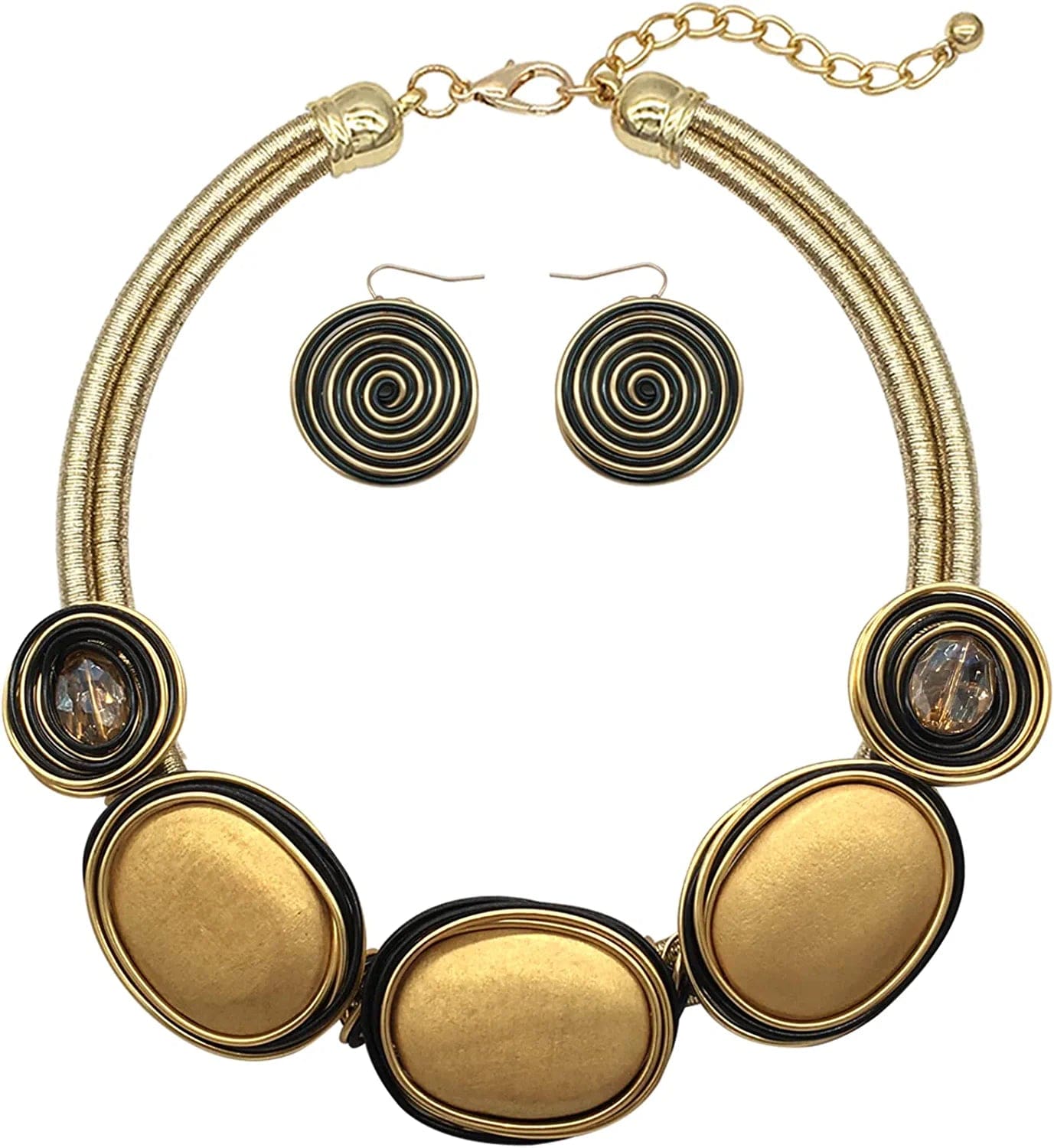 Chunky African Jewelry Statement Necklace for Women Tribal Fashion Costume Earring Set Unique Rhinestone Crystal Gold Wire Wrapped Big Wood Pendent Collar Choker Bib Handmade 24