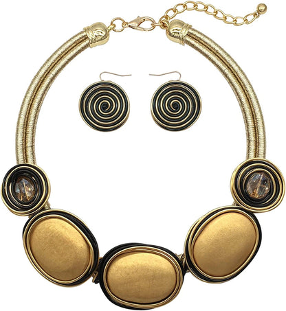 Chunky African Jewelry Statement Necklace for Women Tribal Fashion Costume Earring Set Unique Rhinestone Crystal Gold Wire Wrapped Big Wood Pendent Collar Choker Bib Handmade 24