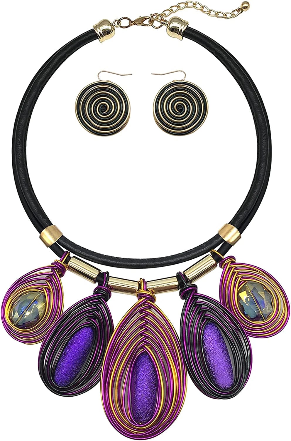 Chunky African Jewelry Statement Necklace for Women Tribal Fashion Costume Earring Set Unique Rhinestone Crystal Gold Wire Wrapped Big Wood Pendent Collar Choker Bib Handmade Purple
