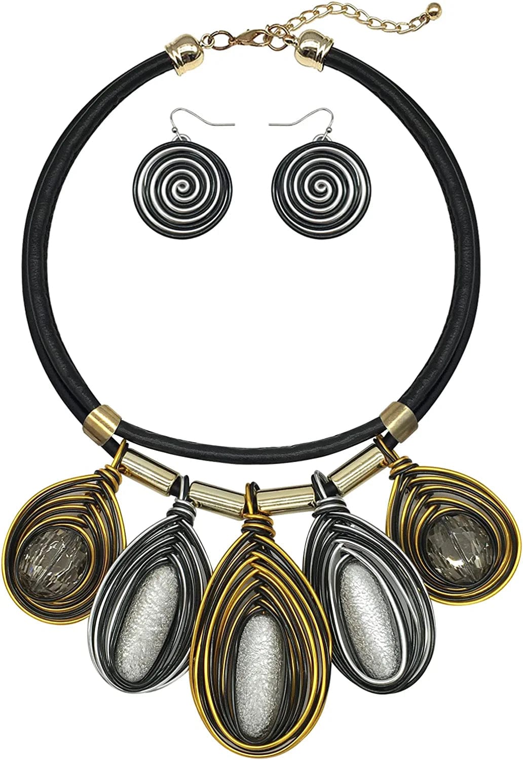Chunky African Jewelry Statement Necklace for Women Tribal Fashion Costume Earring Set Unique Rhinestone Crystal Gold Wire Wrapped Big Wood Pendent Collar Choker Bib Handmade silver