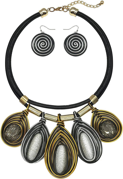 Chunky African Jewelry Statement Necklace for Women Tribal Fashion Costume Earring Set Unique Rhinestone Crystal Gold Wire Wrapped Big Wood Pendent Collar Choker Bib Handmade silver