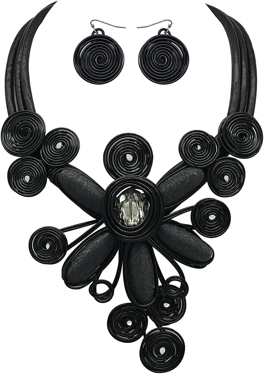 Chunky African Jewelry Statement Necklace for Women Tribal Fashion Costume Earring Set Unique Rhinestone Crystal Gold Wire Wrapped Big Wood Pendent Collar Choker Bib Handmade 14