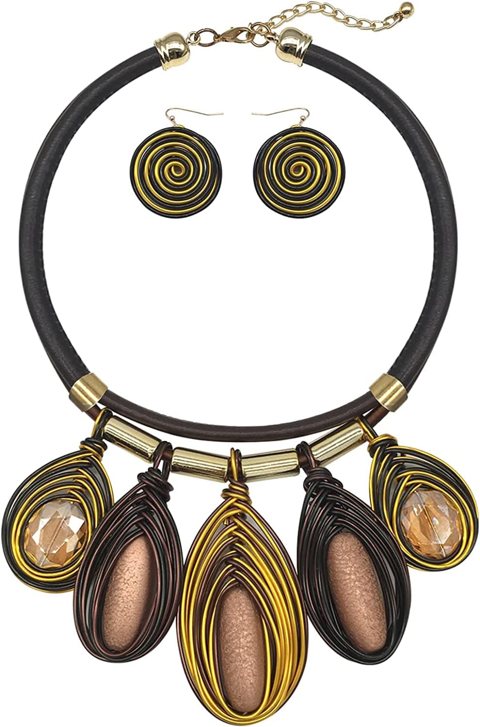 Chunky African Jewelry Statement Necklace for Women Tribal Fashion Costume Earring Set Unique Rhinestone Crystal Gold Wire Wrapped Big Wood Pendent Collar Choker Bib Handmade Brown