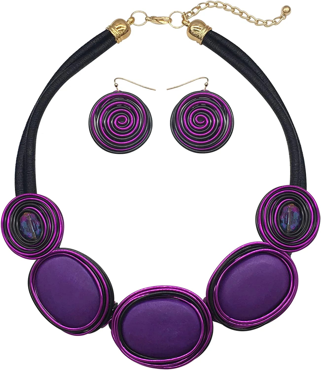 Chunky African Jewelry Statement Necklace for Women Tribal Fashion Costume Earring Set Unique Rhinestone Crystal Gold Wire Wrapped Big Wood Pendent Collar Choker Bib Handmade 20