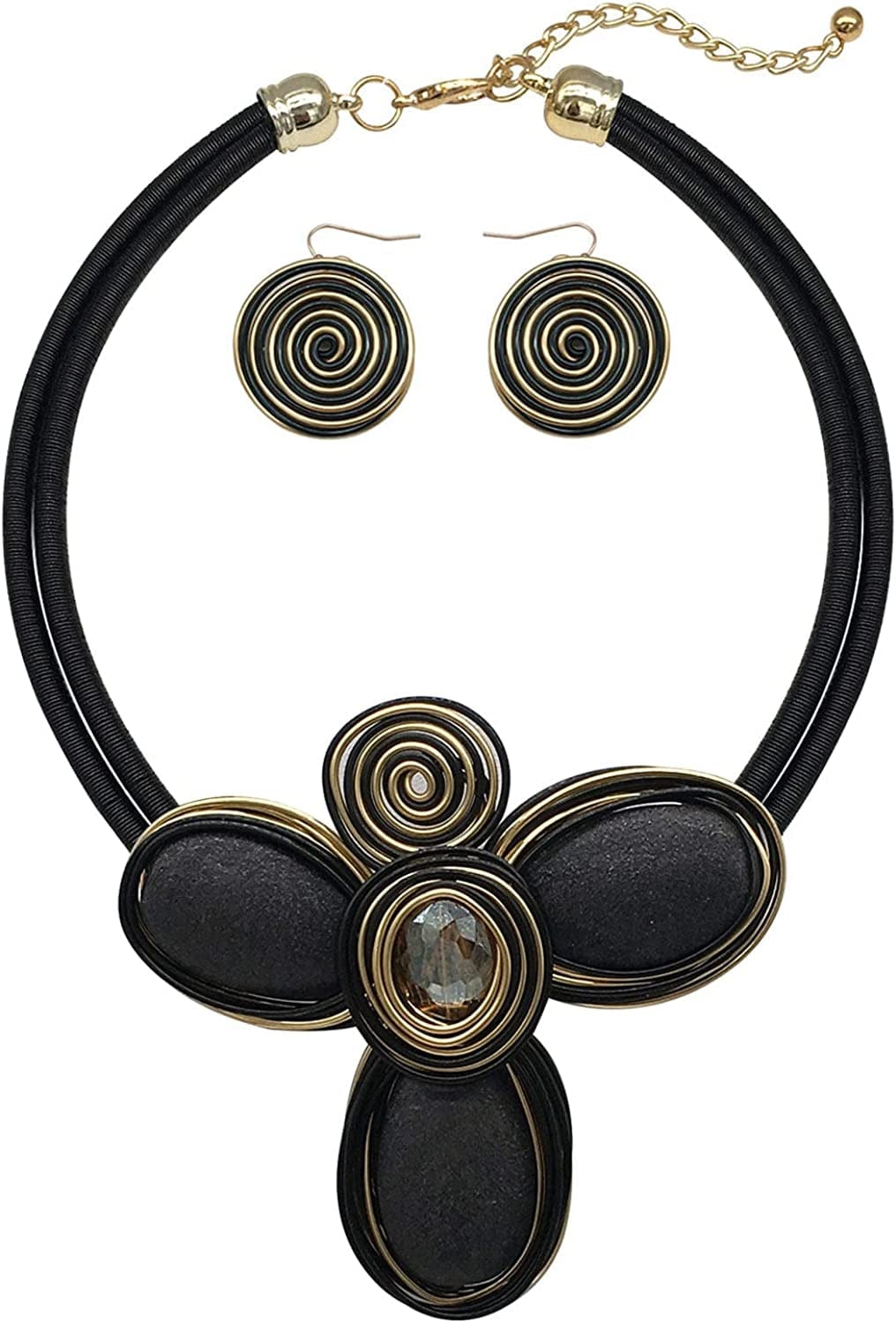Chunky African Jewelry Statement Necklace for Women Tribal Fashion Costume Earring Set Unique Rhinestone Crystal Gold Wire Wrapped Big Wood Pendent Collar Choker Bib Handmade 02
