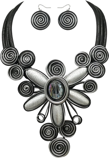 Chunky African Jewelry Statement Necklace for Women Tribal Fashion Costume Earring Set Unique Rhinestone Crystal Gold Wire Wrapped Big Wood Pendent Collar Choker Bib Handmade flower silver
