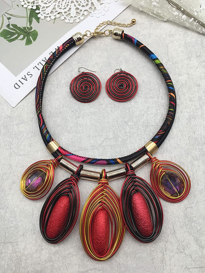 Chunky African Jewelry Statement Necklace for Women Tribal Fashion Costume Earring Set Unique Rhinestone Crystal Gold Wire Wrapped Big Wood Pendent Collar Choker Bib Handmade