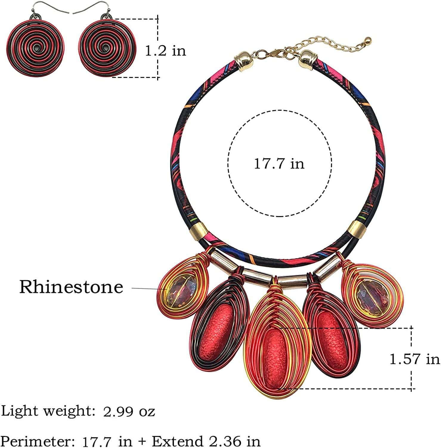 Chunky African Jewelry Statement Necklace for Women Tribal Fashion Costume Earring Set Unique Rhinestone Crystal Gold Wire Wrapped Big Wood Pendent Collar Choker Bib Handmade