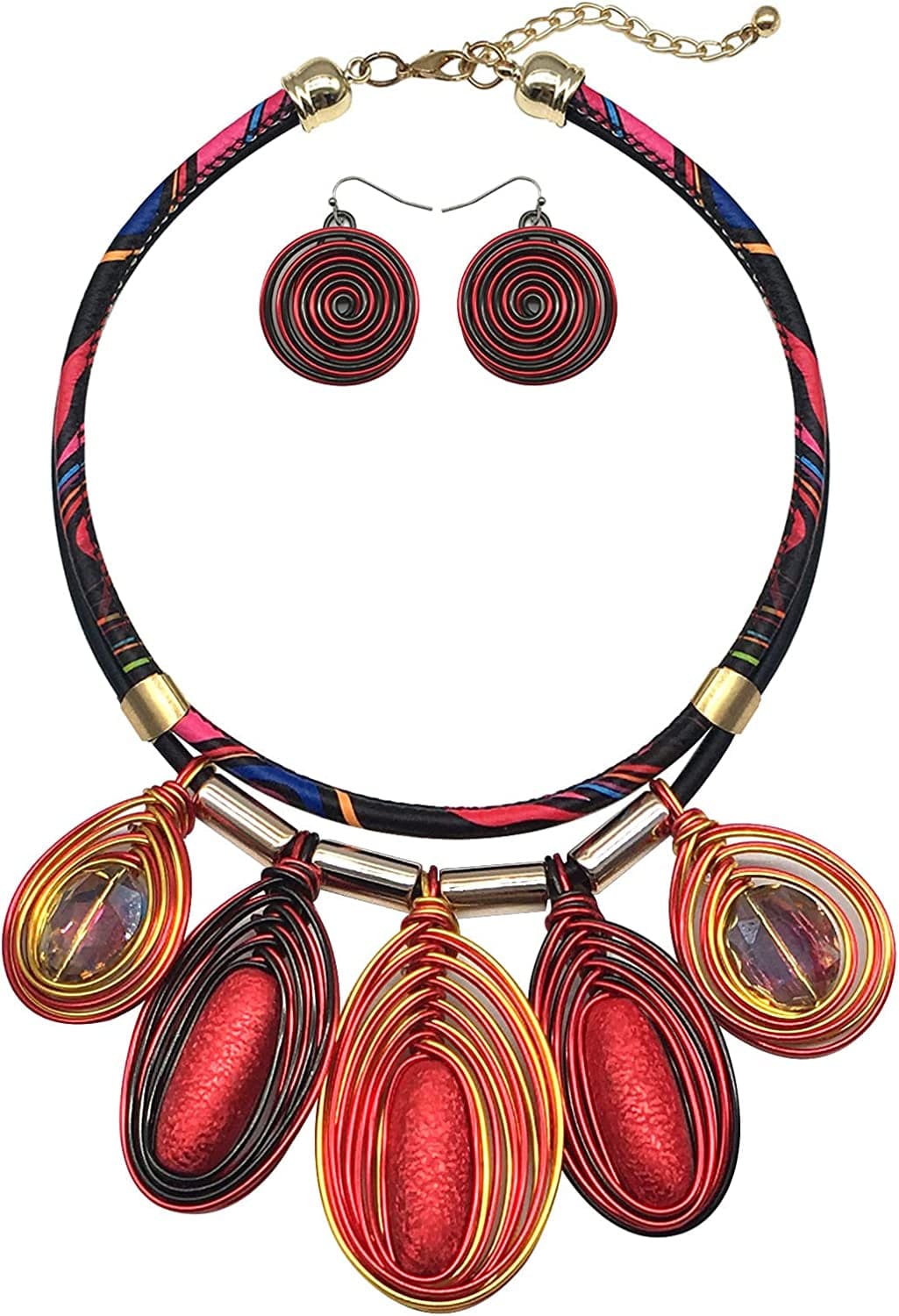 Chunky African Jewelry Statement Necklace for Women Tribal Fashion Costume Earring Set Unique Rhinestone Crystal Gold Wire Wrapped Big Wood Pendent Collar Choker Bib Handmade red