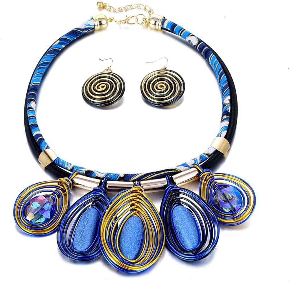 Chunky African Jewelry Statement Necklace for Women Unique Fashion Tribal Costume Necklace and Earring Sets Handmade Gold Wire Wrapped Big Rhinestone Crystal Pendent Collar Choker B Blue
